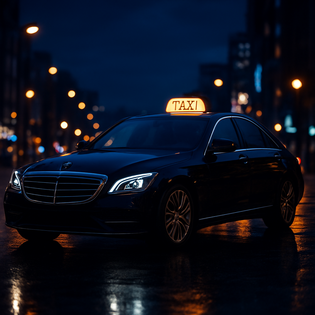 Taxi oficial premium de noche en una calle de la zona Noroeste